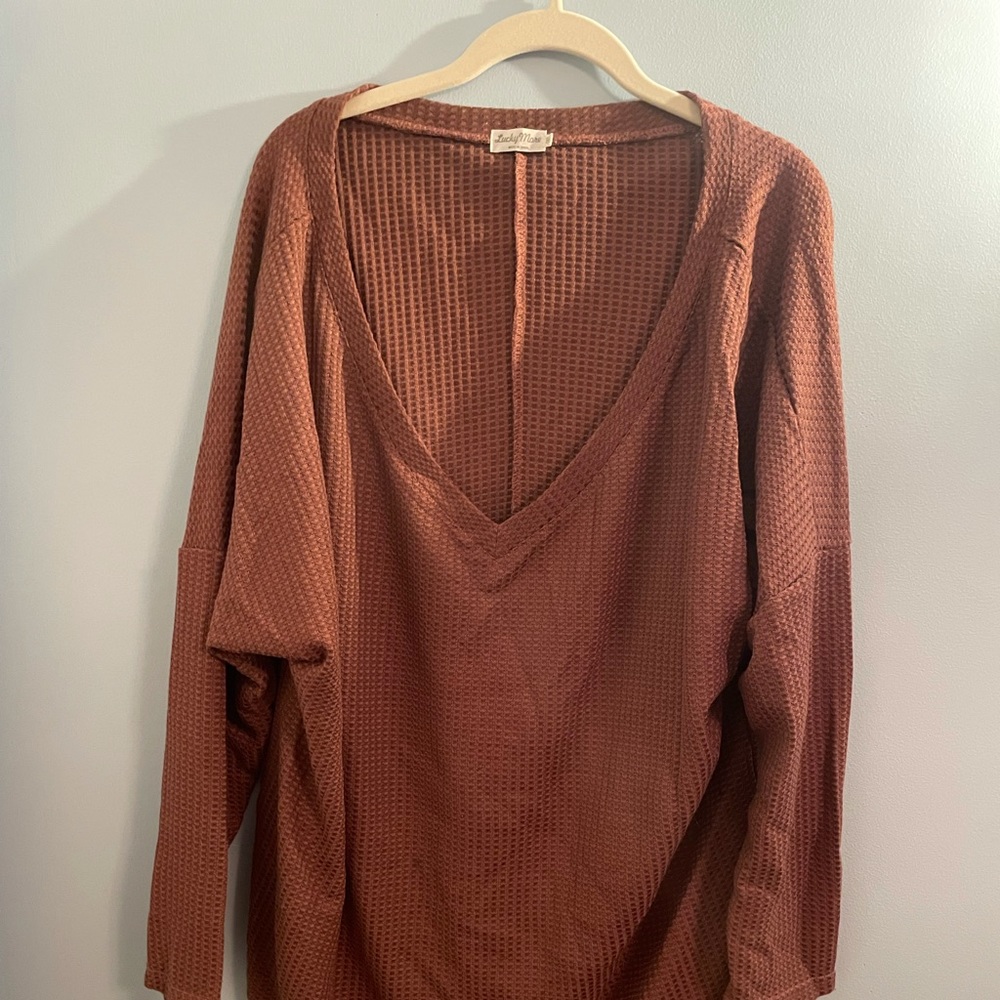 Waffle print v-neck long sleeve